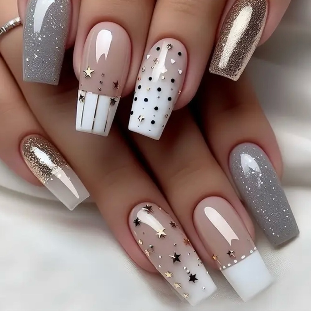 24pc Reusable Long Ballet Press-On Nails — Gold Glitter & Star Accent Set